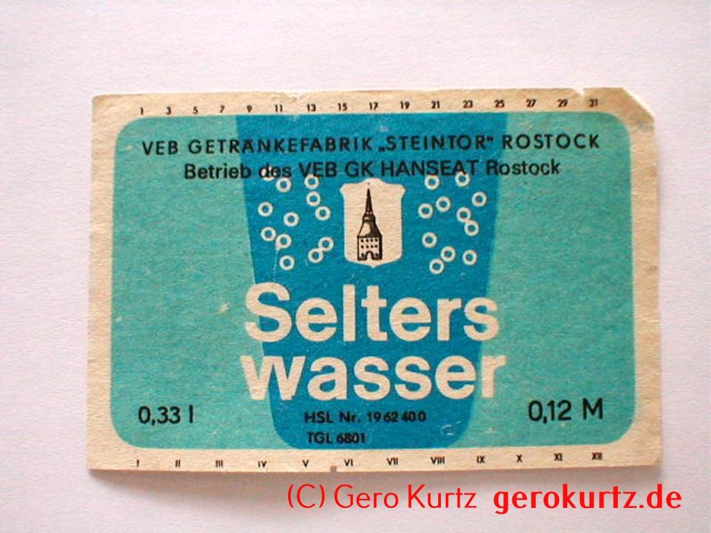DDR Bieretiketten und Brauseetiketten - Selters Wasser, VEB Getränkefabrik "Steintor" Rostock, Betrieb des VEB GK Hanseat Rostock, HSL-Nr. 1962400, TGL 6801, 0,33 l, 0,12 M