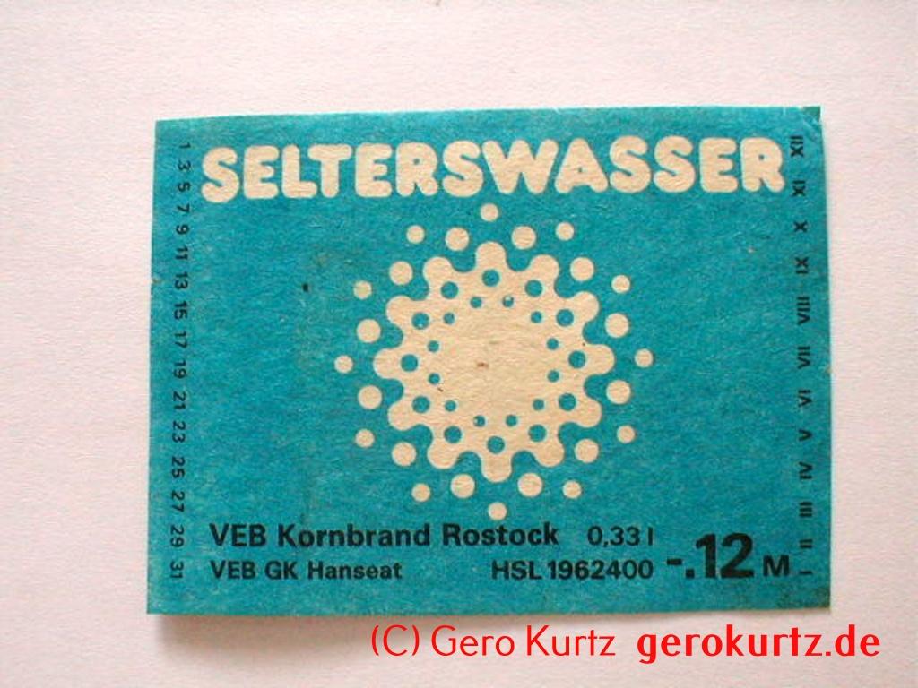 DDR Bieretiketten und Brauseetiketten - Selterswasser, VEB Kornbrand Rostock, VEB GK Hanseat, HSL 1962400, 0,33 l, 0,12 M