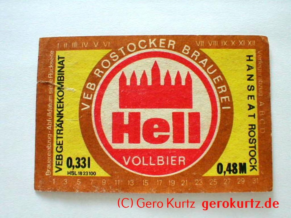 DDR Bieretiketten und Brauseetiketten - Hell, Vollbier, VEB Rostocker Brauerei, VEB Getränkekombinat, Hanseat Rostock, 0,33 l, 0,48 M, HSL 1823100