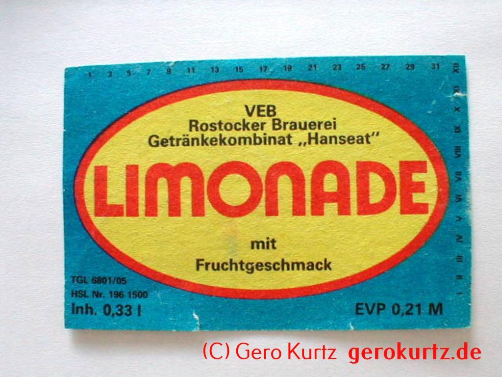 DDR Bieretiketten und Brauseetiketten - Limonade mit Fruchtgeschmack, VEB Rostocker Brauerei, Getränkekombinat "Hanseat" TGL 6801/05, HSL Nr. 1961500, Inh. 0,33 l, EVP 0,21 M 