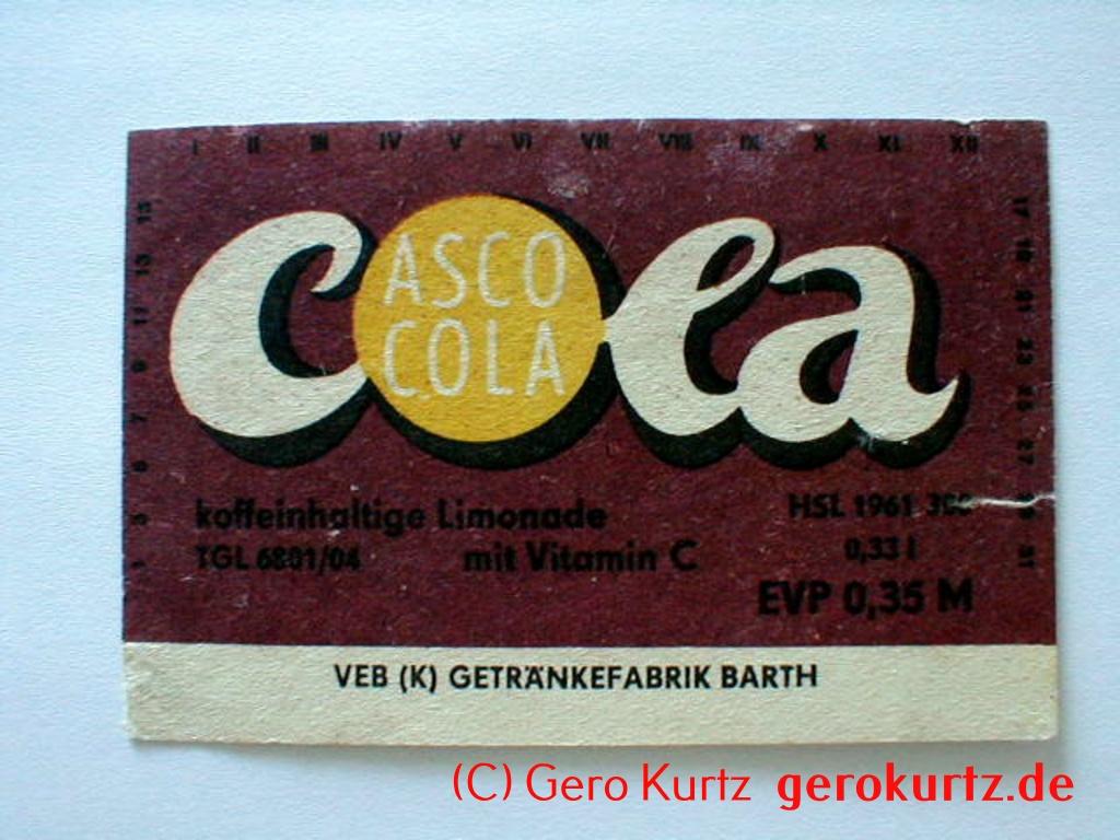 DDR Bieretiketten und Brauseetiketten - Asco cola, Koffeinhaltige Limonade mit Vitamin C, VEB (K) Getränkefabrik Barth, TGL: 6801/04, HSL 1961300, 0,33 l, EVP 0,35 M