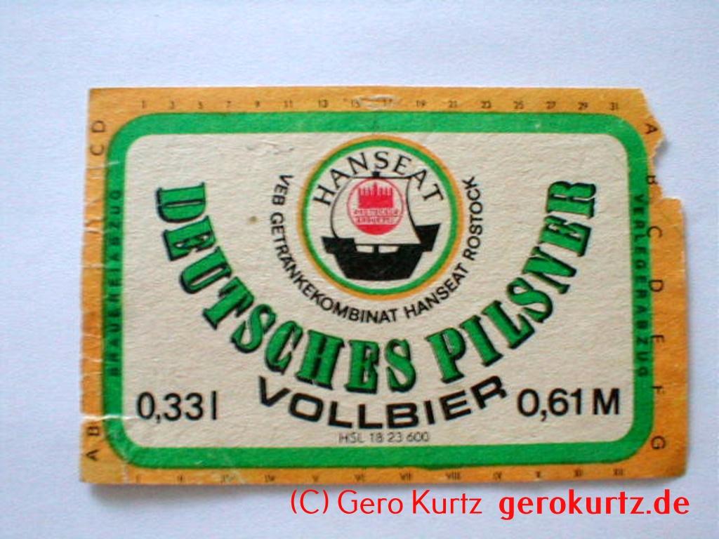 DDR Bieretiketten und Brauseetiketten - Deutsches Pilsner, Vollbier, VEB Getränkekombinat Hanseat Rostock, VEB Rostocker Brauerei, Verlegerabzug, HSL 1823600, 0,33 l, 0,61 M