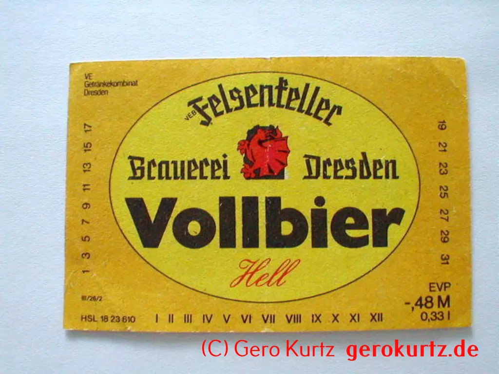 DDR Bieretiketten und Brauseetiketten - Felsenkeller Vollbier Hell, Brauerei Dresden, VE Getränkekombinat Dresden, 0,33 l, HSL 1823610, EVP 0,48 M, III/26/2
