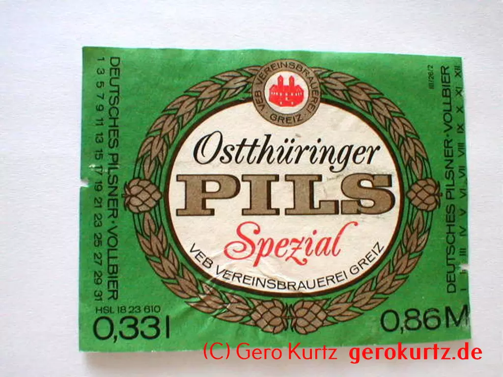 DDR Bieretiketten und Brauseetiketten - Osttühringer Pils Spezial, VEB Vereinsbrauerei Greiz, Deutsches Pilsner Vollbier, HSL 1823610, 0,33 l, 0,86 M