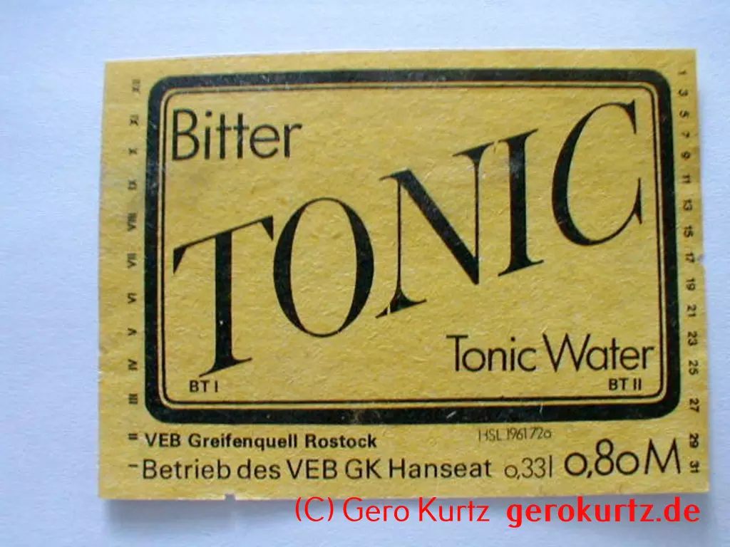 DDR Bieretiketten und Brauseetiketten - Bitter Tonic, Tonic Water, VEB Greifenquell Rostock, Betrieb des VEB GK Hanseat, HSL 196172, 0,33 l, 0,80 M