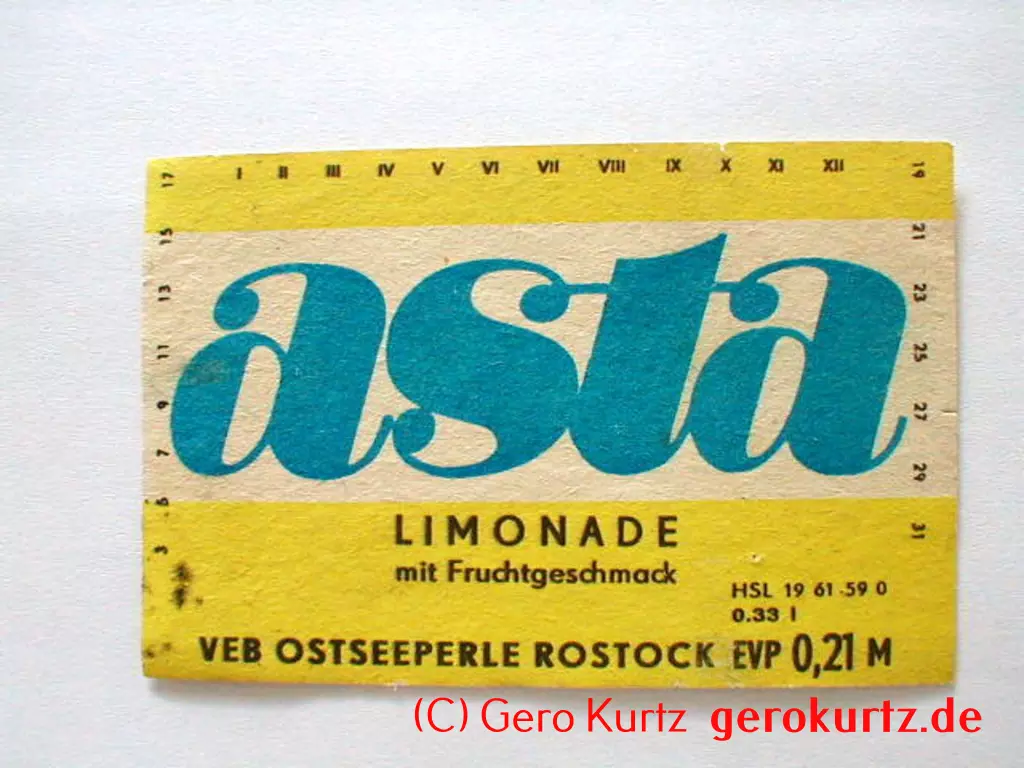 DDR Bieretiketten und Brauseetiketten - asta Limonade mit Fruchtgeschmack, EVP 0,21 M, 0,33 l, HSL 1961590, VEB Ostseeperle Rostock