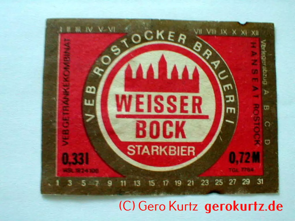 DDR Bieretiketten und Brauseetiketten - Weisser Bock, Starkbier, VEB Getränkekombinat Hanseat Rostock, VEB Rostocker Brauerei, Verlegerabzug, TGL 7764, HSL 1824100, 0,33 l, 0,72 M