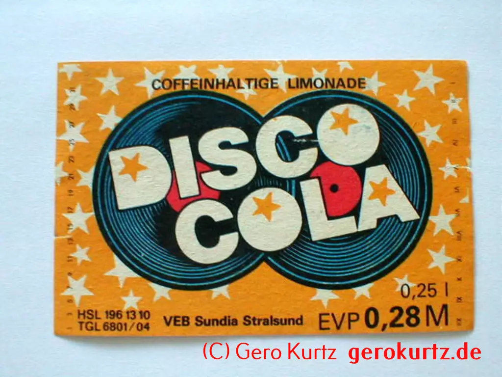 DDR Bieretiketten und Brauseetiketten - Disco Cola, coffeinhaltige Limonade, VEB Sundia Stralsund, HSL 1961310, TGL 6801/04, 0,25 l, EVP 0,28 M