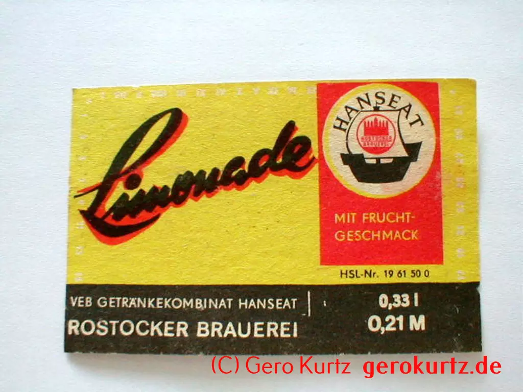 DDR Bieretiketten und Brauseetiketten - Limonade, HANSEAT, Rostocker Brauerei, Mit Fruchtgeschmack, VEB Getränkekombinat Hanseat, Rostocker Brauerei, HSL-Nr.: 1961500, 0,33 l, 0,21 M